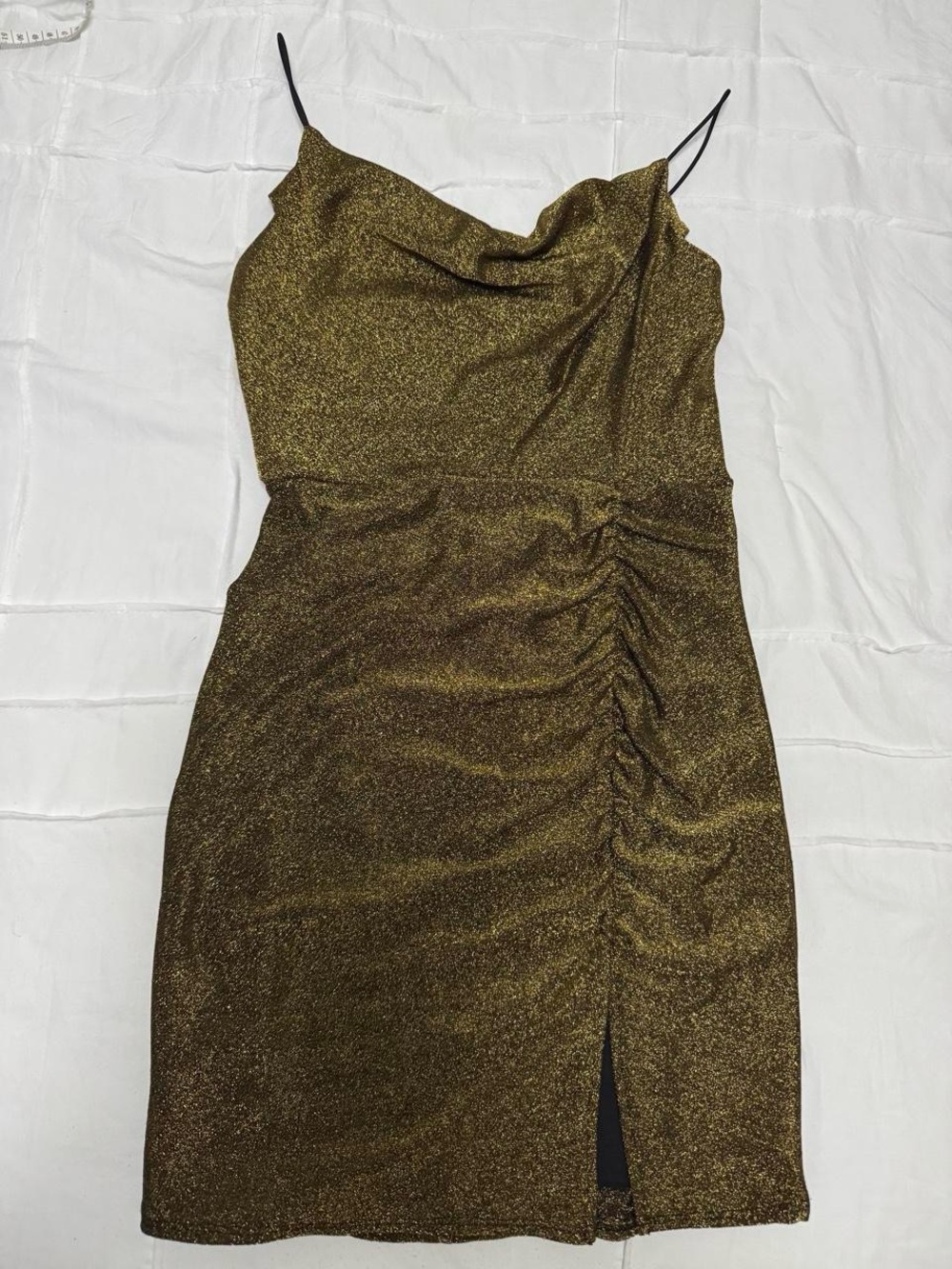 B Darlin Metallic Gold Cowl Neck Mini Dress